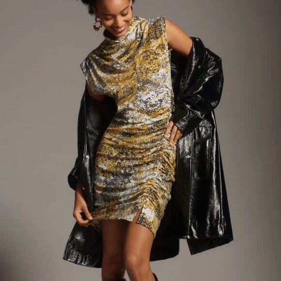 Anthropologie Womeen's The Maya Ruched Cowl-Neck Mini Dress Size 1X